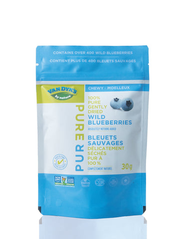 A pouch of Van Dyk's Chewy Wild Blueberries.