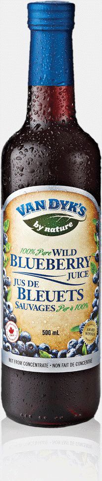 A bottle of Van Dyk's 100% pure wild blueberry juice.
