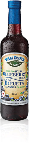 A bottle of Van Dyk's 100% Pure Wild Blueberry Juice
